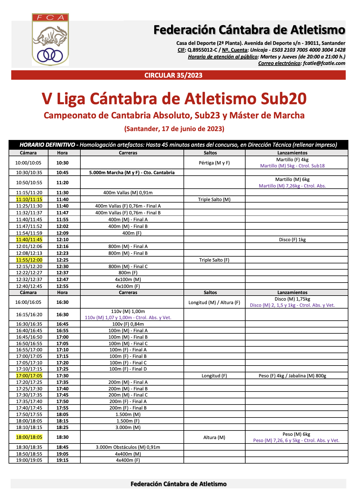 V Liga Cántabra de Atletismo Sub20 / Campeonato de Cantabria Absoluto, Sub23 y Máster de Marcha @ Santander, Cantabria