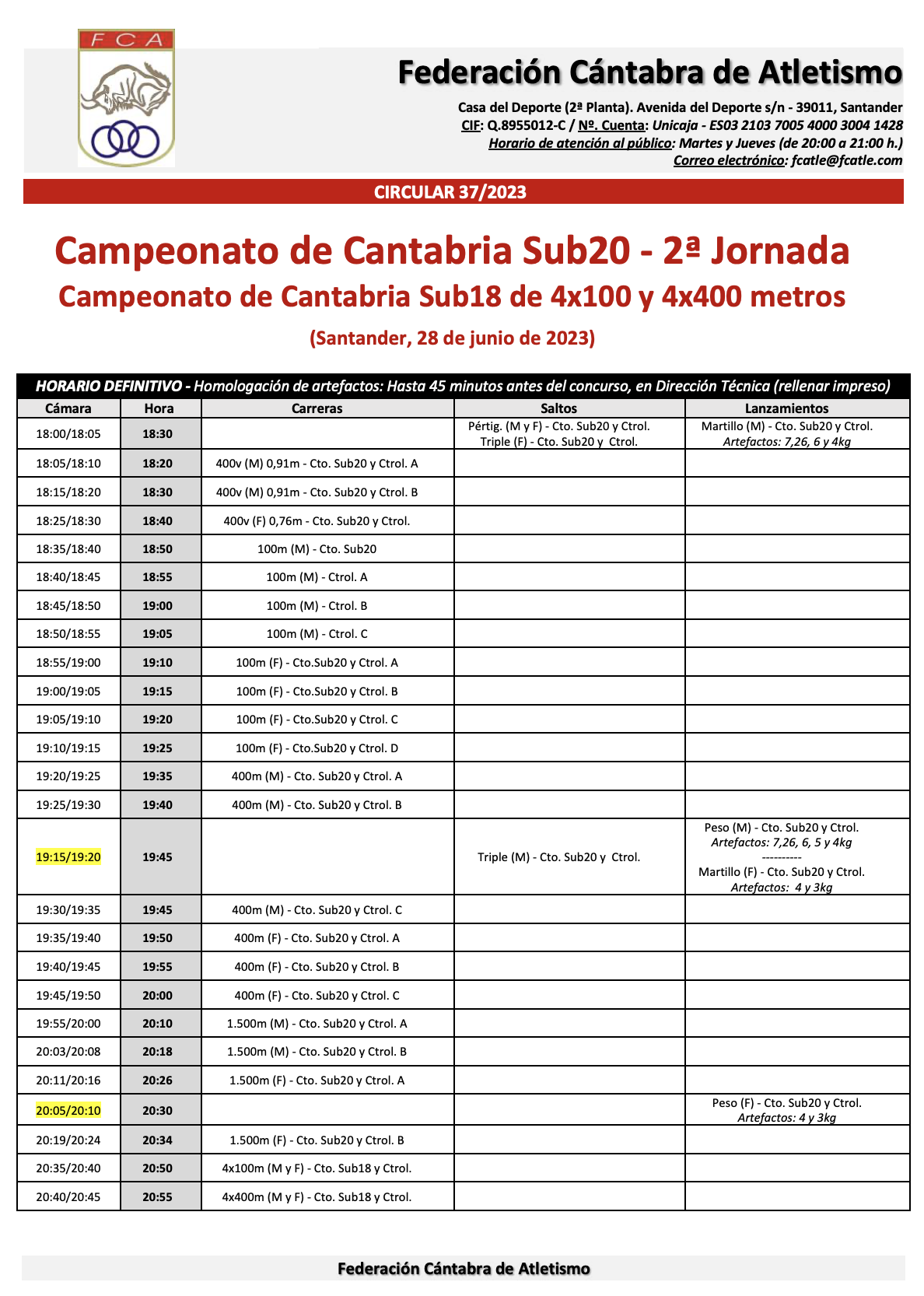 Campeonato de Cantabria Sub20 - 2ª Jornada / Campeonato de Cantabria Sub18 de 4x100 y 4x400 metros @ Santander, Cantabria