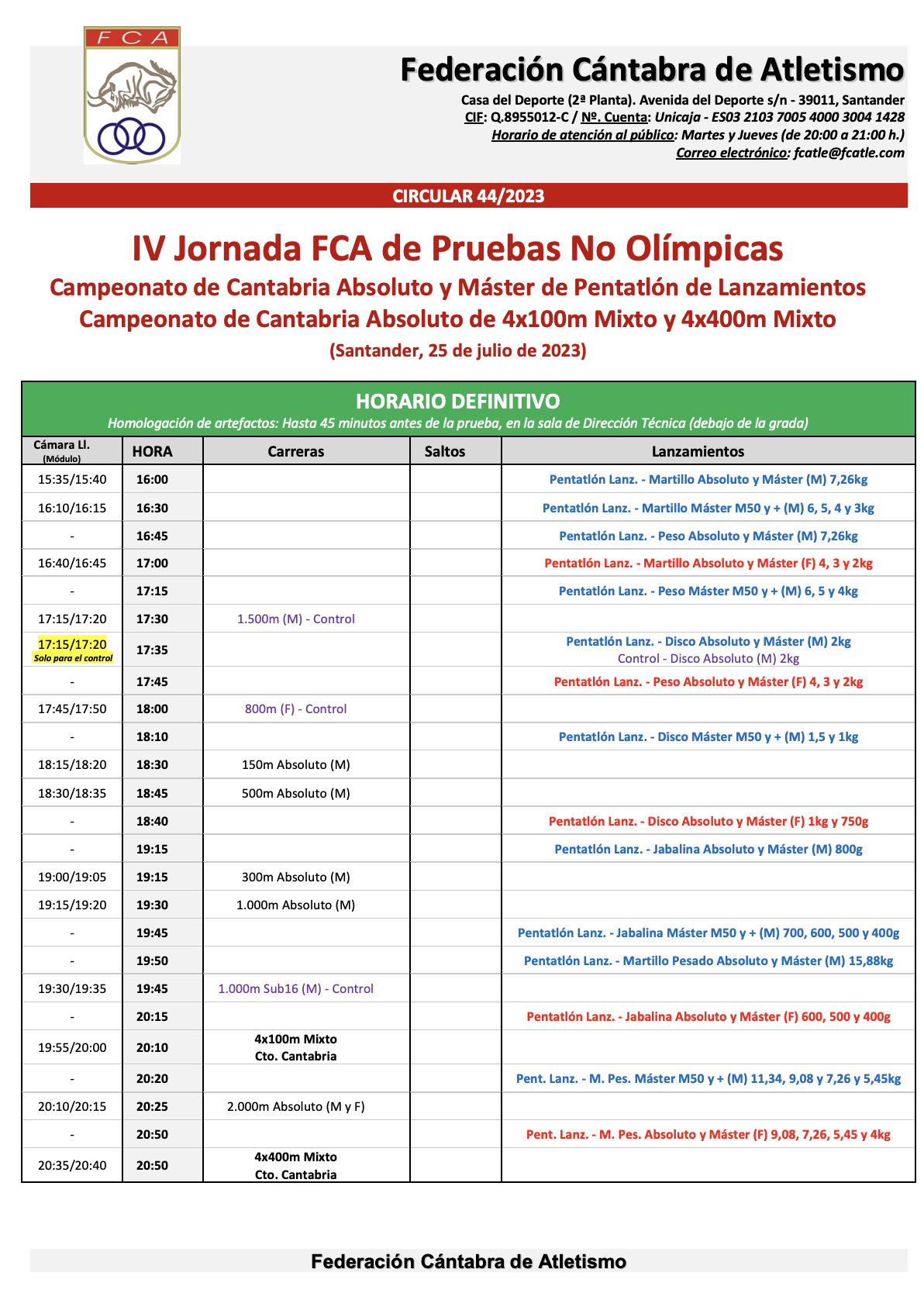 IV Jornada FCA de Pruebas No Olímpicas / Campeonato de Cantabria Absoluto de Pentatlón de Lanzamientos y Relevos Mixtos @ Santander, Cantabria