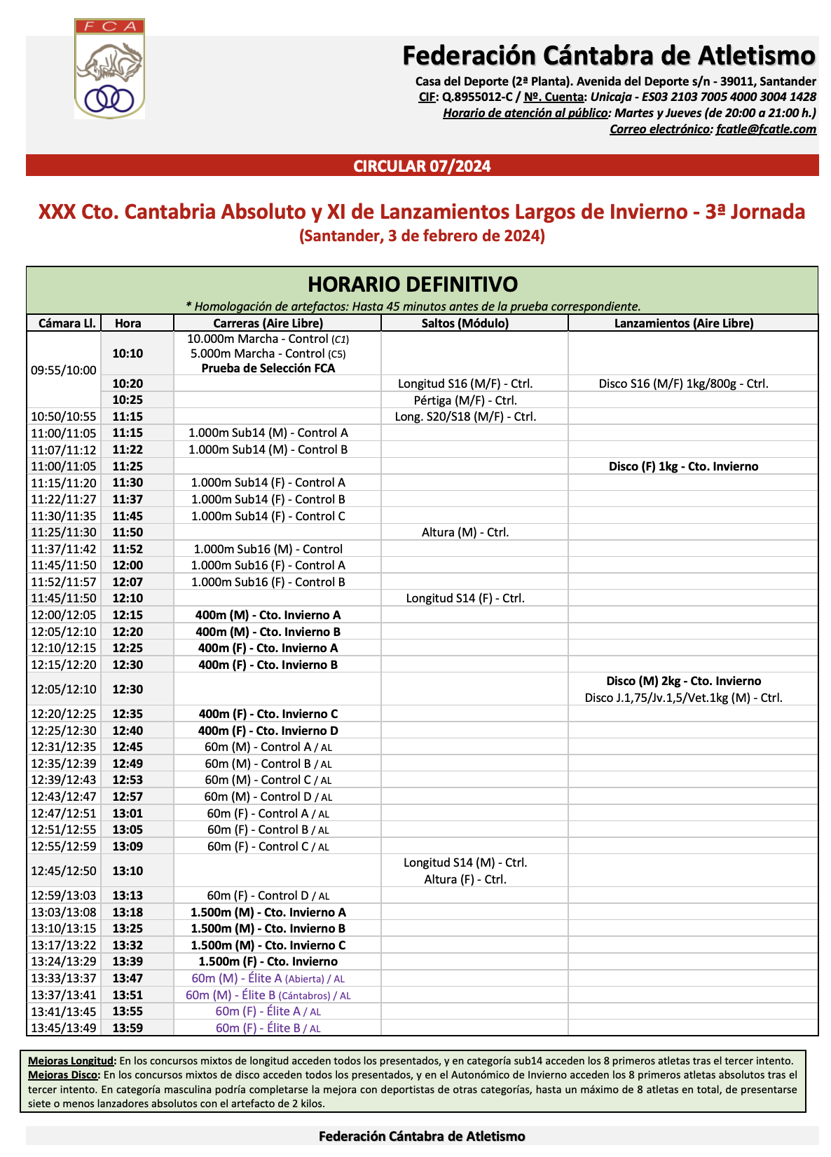 XXX Campeonato de Cantabria Absoluto y XI de Lanzamientos Largos de Invierno - 3ª Jornada @ Santander, Cantabria