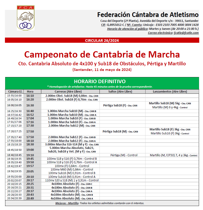Campeonato de Cantabria de Marcha, Absoluto de 4x100 metros y Sub18 de Obstáculos, Pértiga y Martillo @ Santander, Cantabria